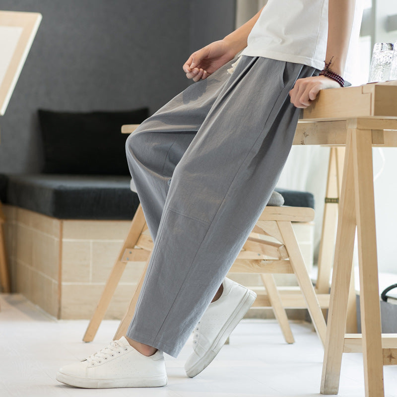 Mens Cotton-linen Relaxed-fit Straight-leg Casual Pants - Image 3