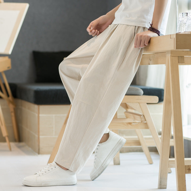 Mens Cotton-linen Relaxed-fit Straight-leg Casual Pants