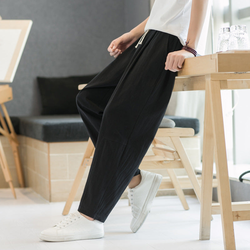 Mens Cotton-linen Relaxed-fit Straight-leg Casual Pants - Image 4