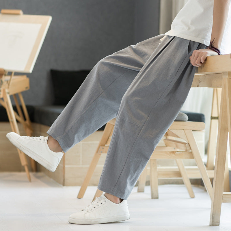 Mens Cotton-linen Relaxed-fit Straight-leg Casual Pants - Image 12