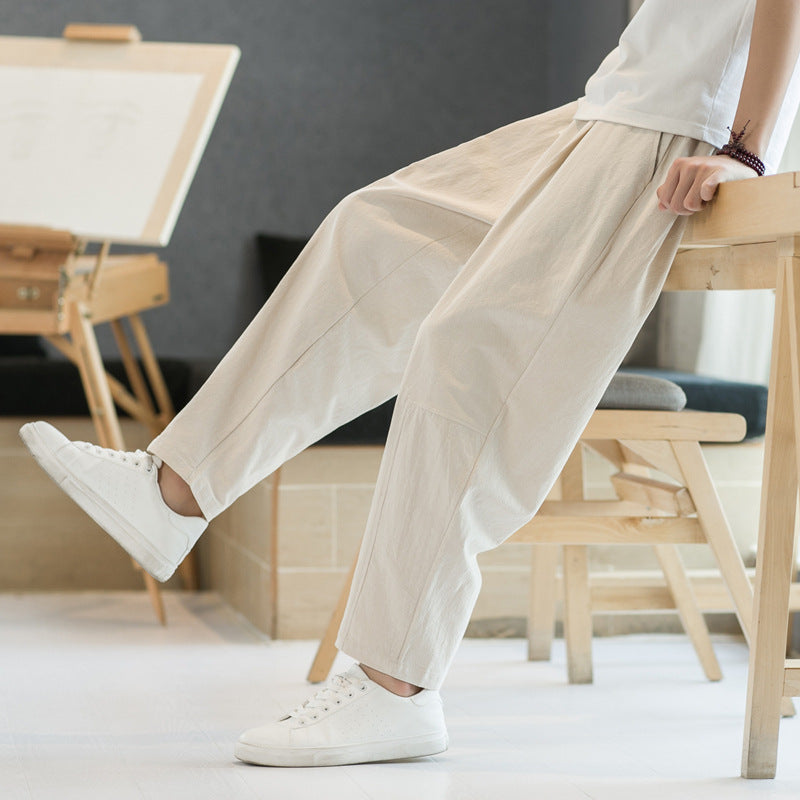 Mens Cotton-linen Relaxed-fit Straight-leg Casual Pants - Image 9
