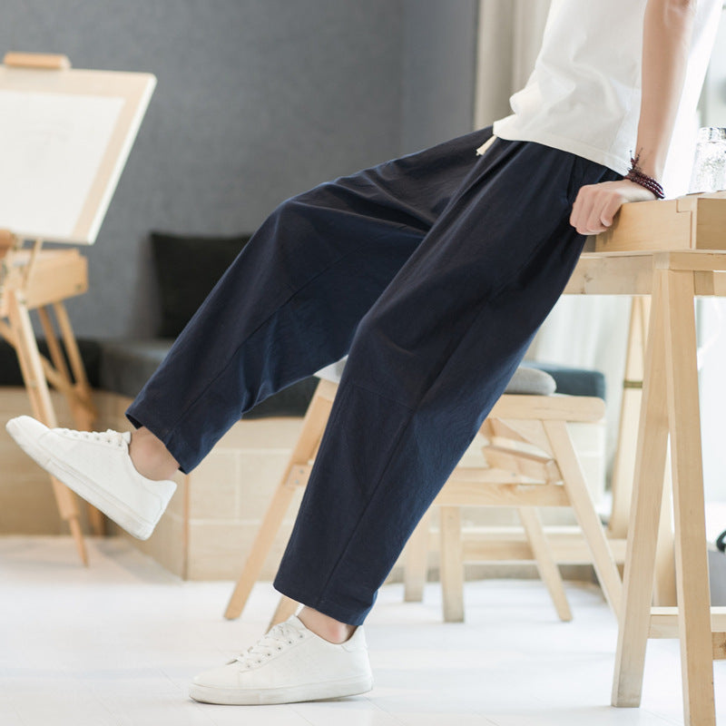 Mens Cotton-linen Relaxed-fit Straight-leg Casual Pants - Image 8