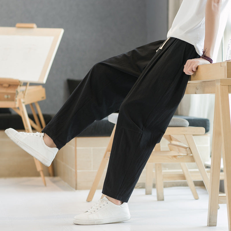Mens Cotton-linen Relaxed-fit Straight-leg Casual Pants - Image 7
