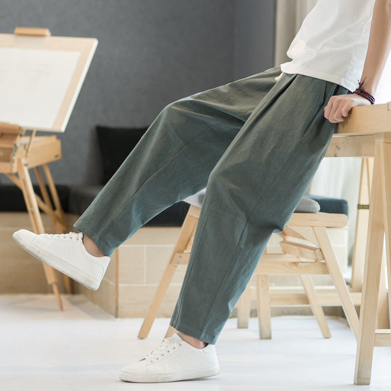 Mens Cotton-linen Relaxed-fit Straight-leg Casual Pants - Image 10
