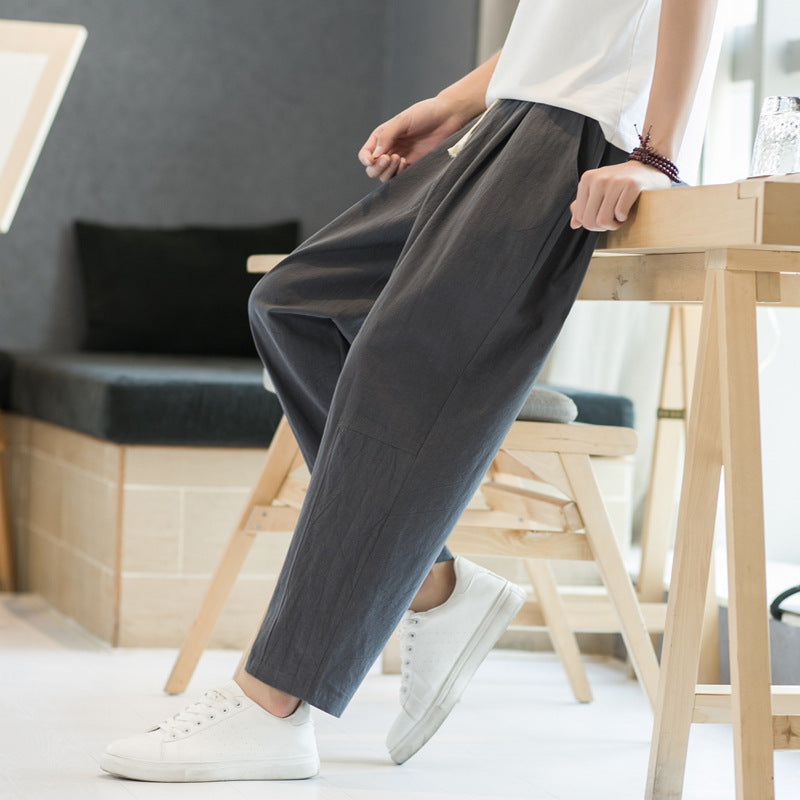 Mens Cotton-linen Relaxed-fit Straight-leg Casual Pants - Image 2