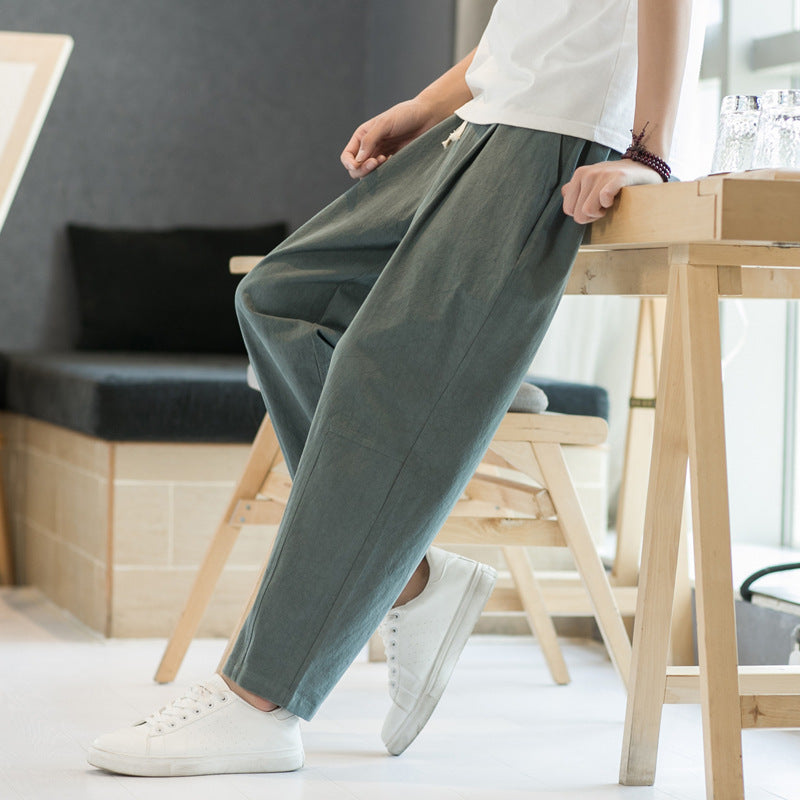 Mens Cotton-linen Relaxed-fit Straight-leg Casual Pants - Image 5